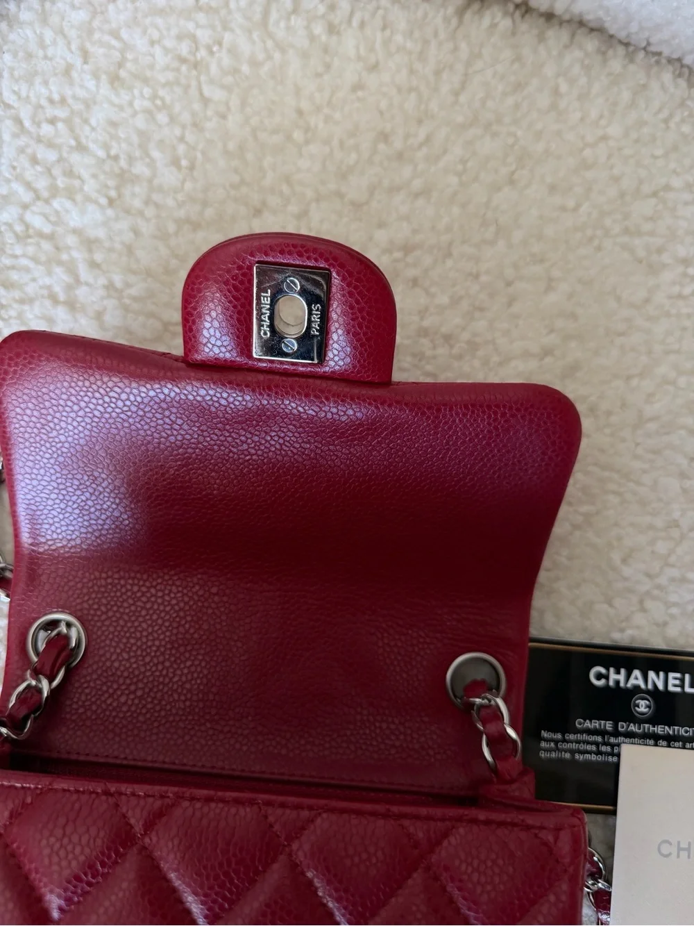 CHANEL Red Quilted Mini Flap Bag with Silver Chain